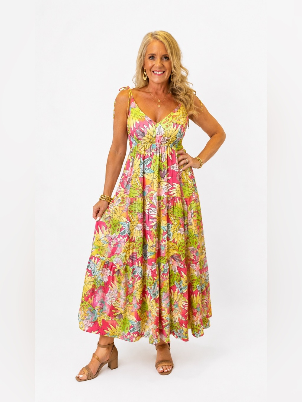 Floral Tie-Shoulder Maxi Dress in Pink and Yellow Size Medium